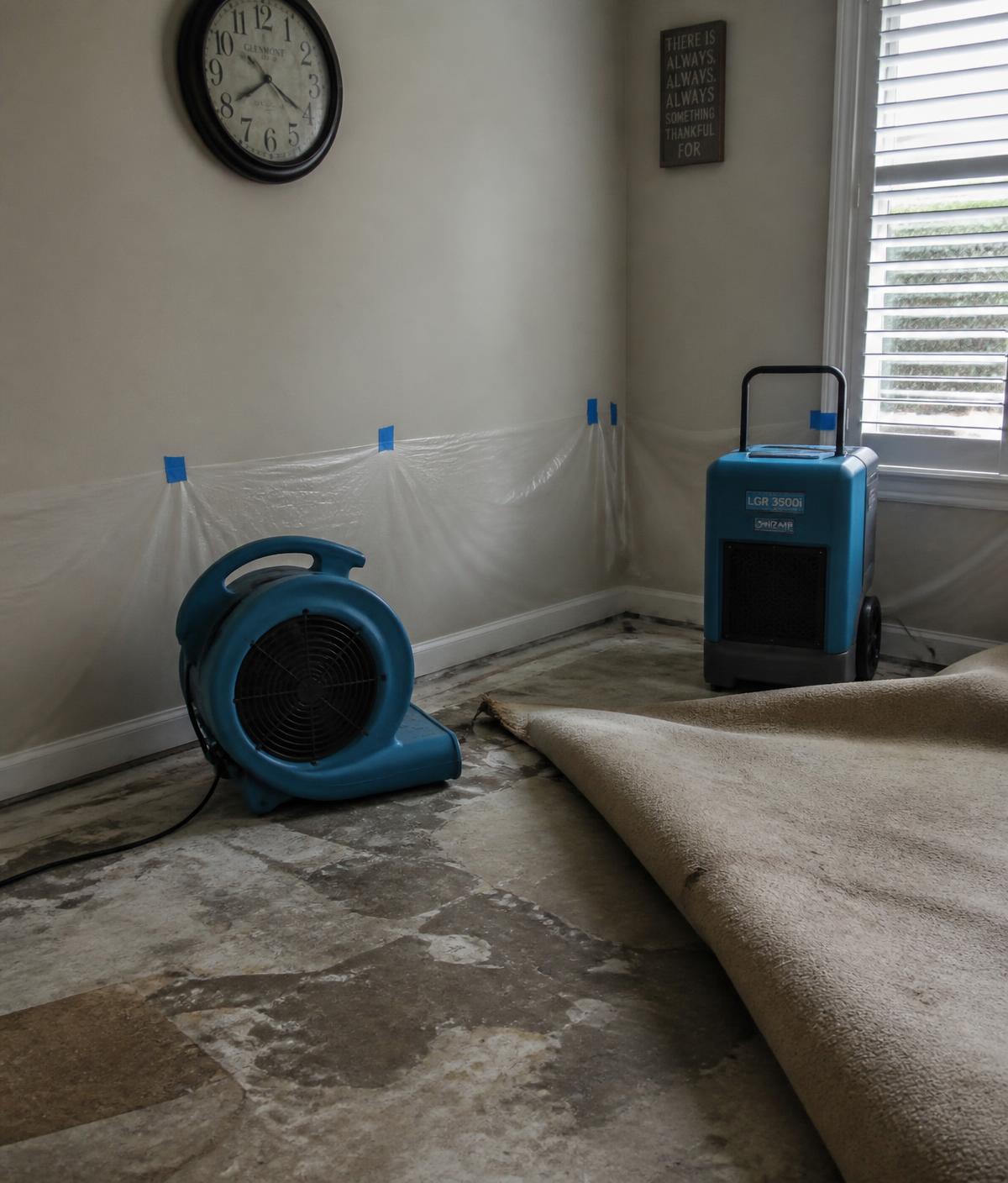 Meadowlark technician placing a drying fan in a home after water damage